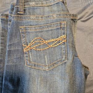 Cowgirl Tuff Women's Boot Cut Jeans - Blue with Orange Stitching